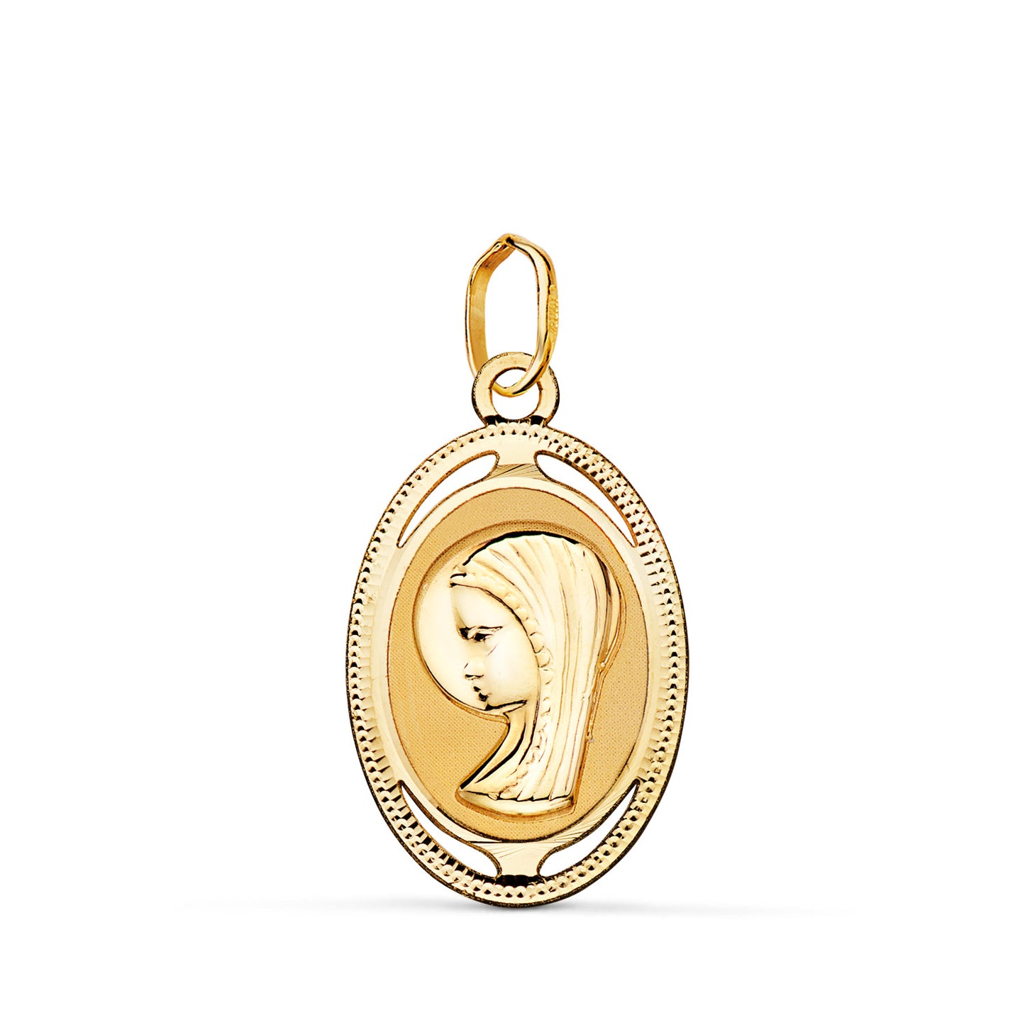 Medalla Oval Virgen Niña con Borde Tallado y Calado 19 x 12 mm de oro amarillo 18K