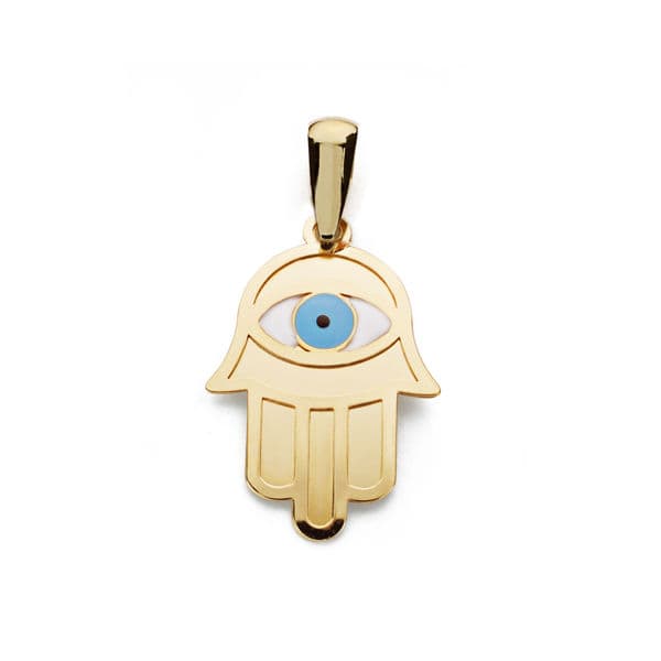 Colgante Amuleto Mano de Fatima y Ojo Turco 19 x 13 mm de oro amarillo 18K