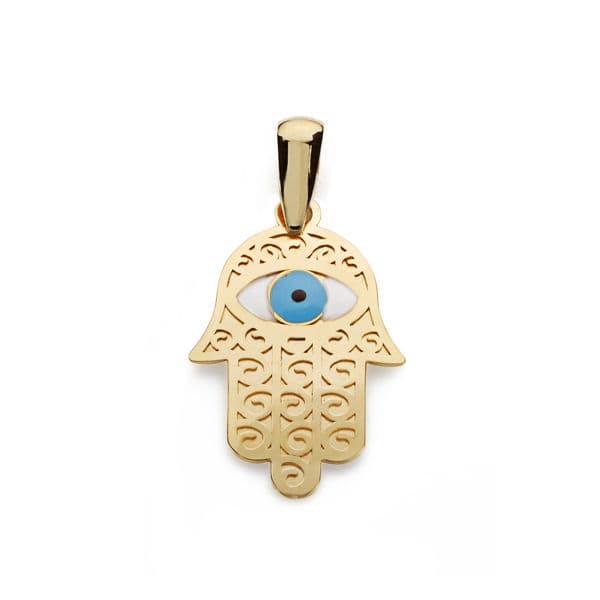18K COLGANTE AMULETO ORO AMARILLO MANO DE FATIMA Y OJO TURCO 19X13 MM