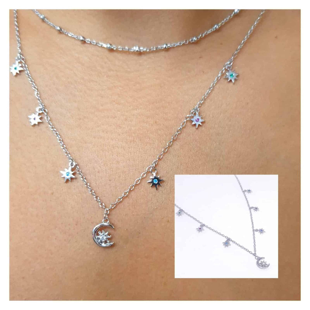 Collar luna y estrellas polares de colores de plata de ley - vista adicional