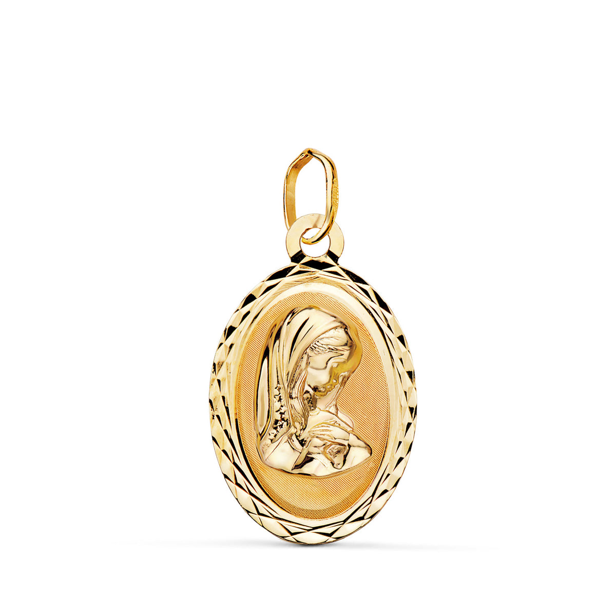 Medalla Virgen Niña Oval Tallada Mate y Brillo. Medida: 20 x 12 mm de oro amarillo 18K