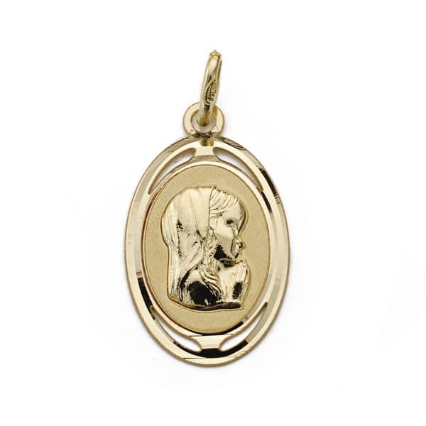 18K MEDALLA ORO AMARILLO OVAL VIRGEN NIÑA CON BORDE TALLADO Y CALADO 19X12 MM