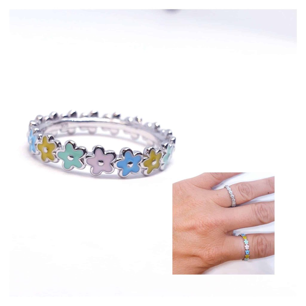 Anillo flores enamel de plata de ley