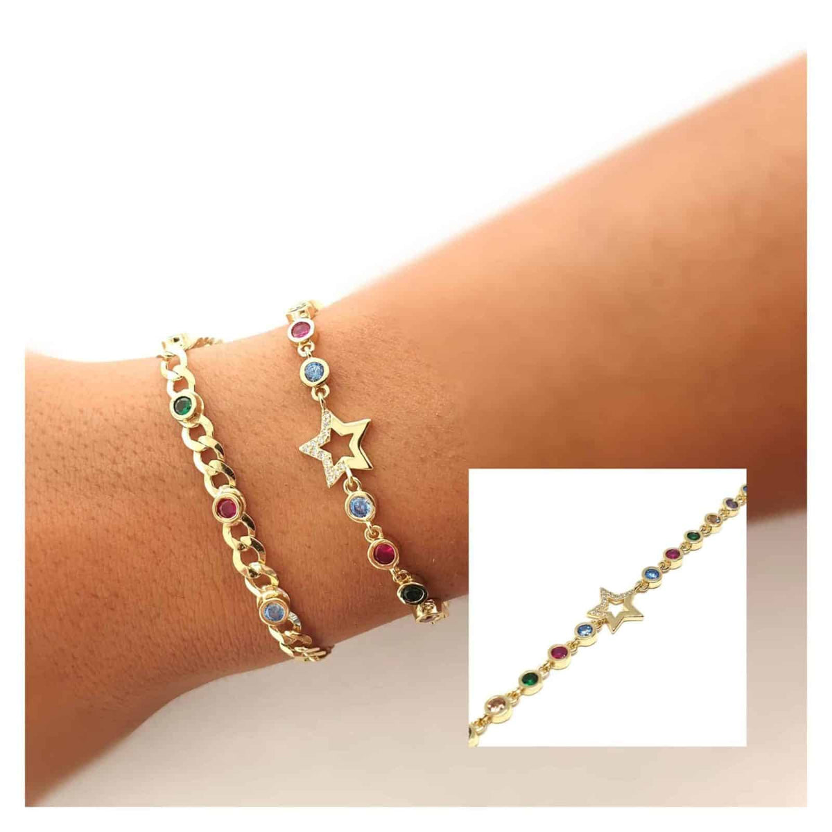 Pulsera estrella y piedras de plata de ley con baño de oro de 14 quilates - vista adicional