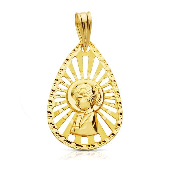 Medalla Virgen Niña Cerco Calado 22 x 19 mm de oro amarillo 18K