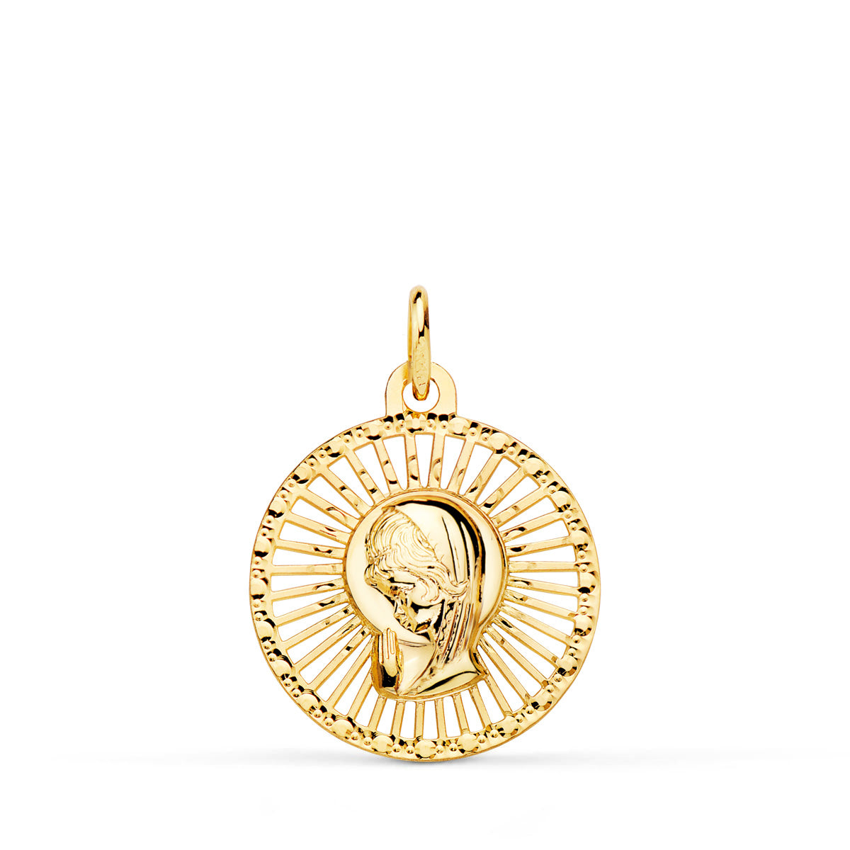 Medalla Virgen Niña Cerco Calado 20 x 18 mm de oro amarillo 18K