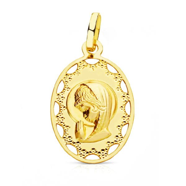 Medalla Virgen Niña Oval Cerco Calado 23 x 14 mm de oro amarillo 18K