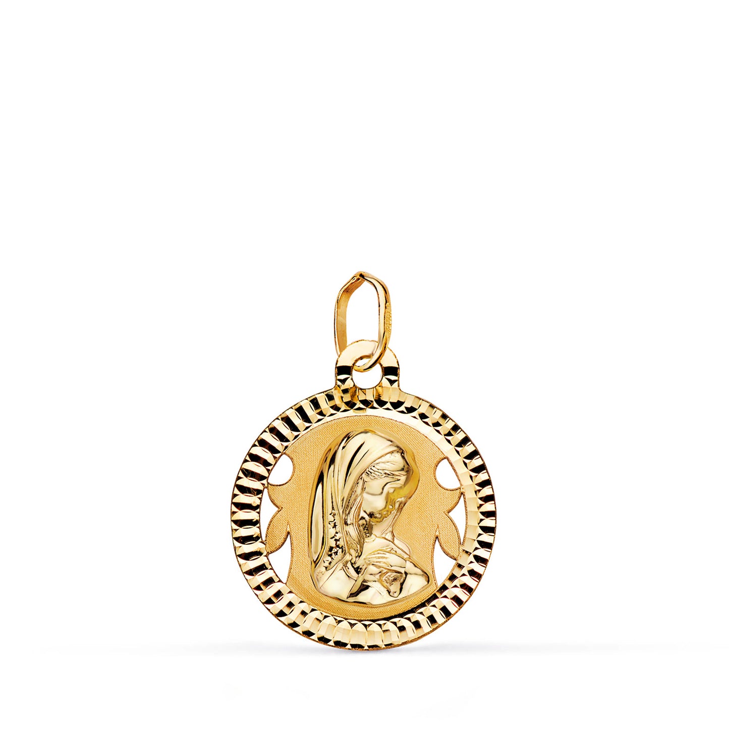 18K MEDALLA ORO AMARILLO VIRGEN NIÑA REDONDA TALLADA MATE Y BRILLO. MEDIDA: 16 MM
