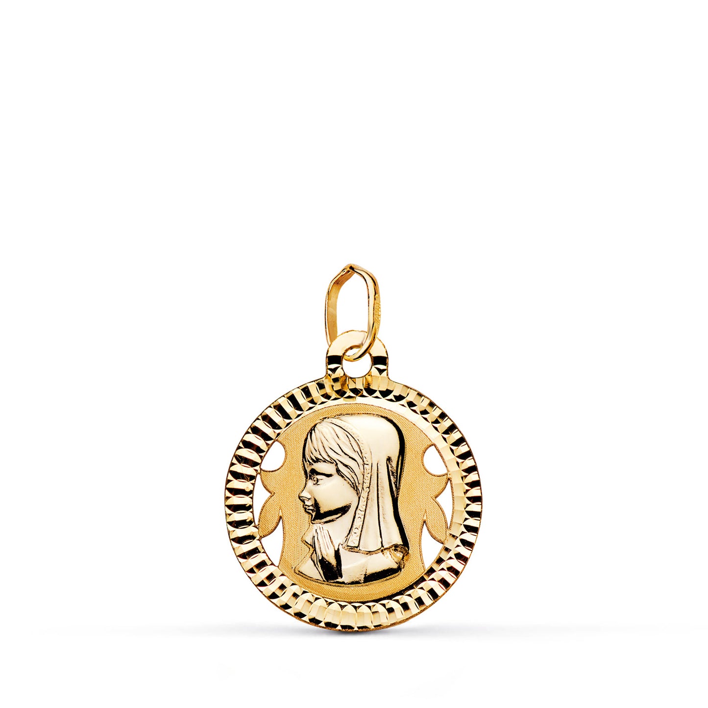 18K MEDALLA ORO AMARILLO VIRGEN NIÑA REDONDA TALLADA MATE Y BRILLO. MEDIDA: 16 MM