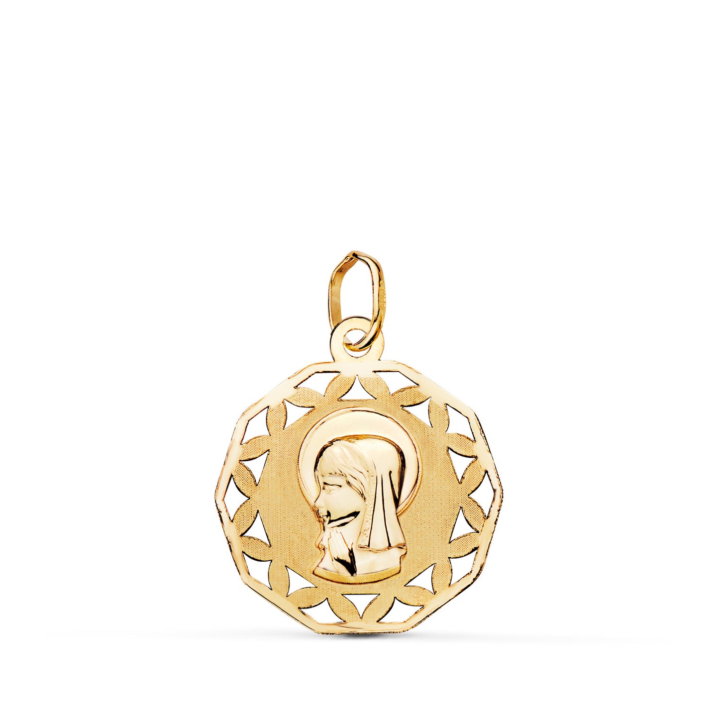 9K MEDALLA ORO AMARILLO VIRGEN NIÑA CALADA Y MATIZADA. MEDIDA: 19 X 16,5 MM