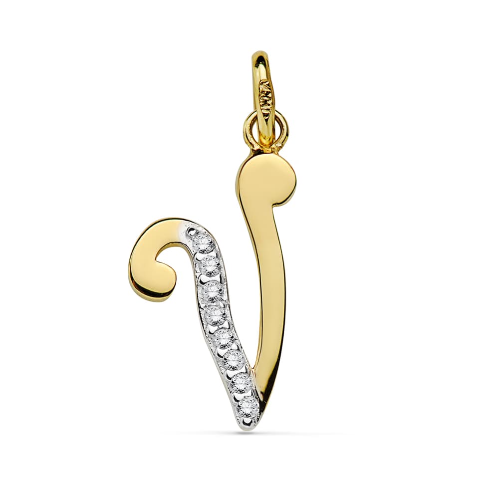 Colgante Bicolor Letra V Circonita 18 x 10 mm 18K