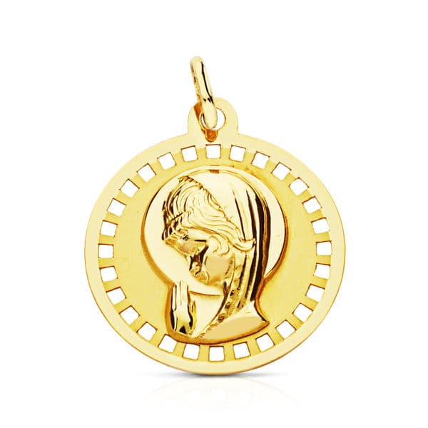 18K MEDALLA ORO AMARILLO VIRGEN NIÑA REDONDA CALADA 18 MM