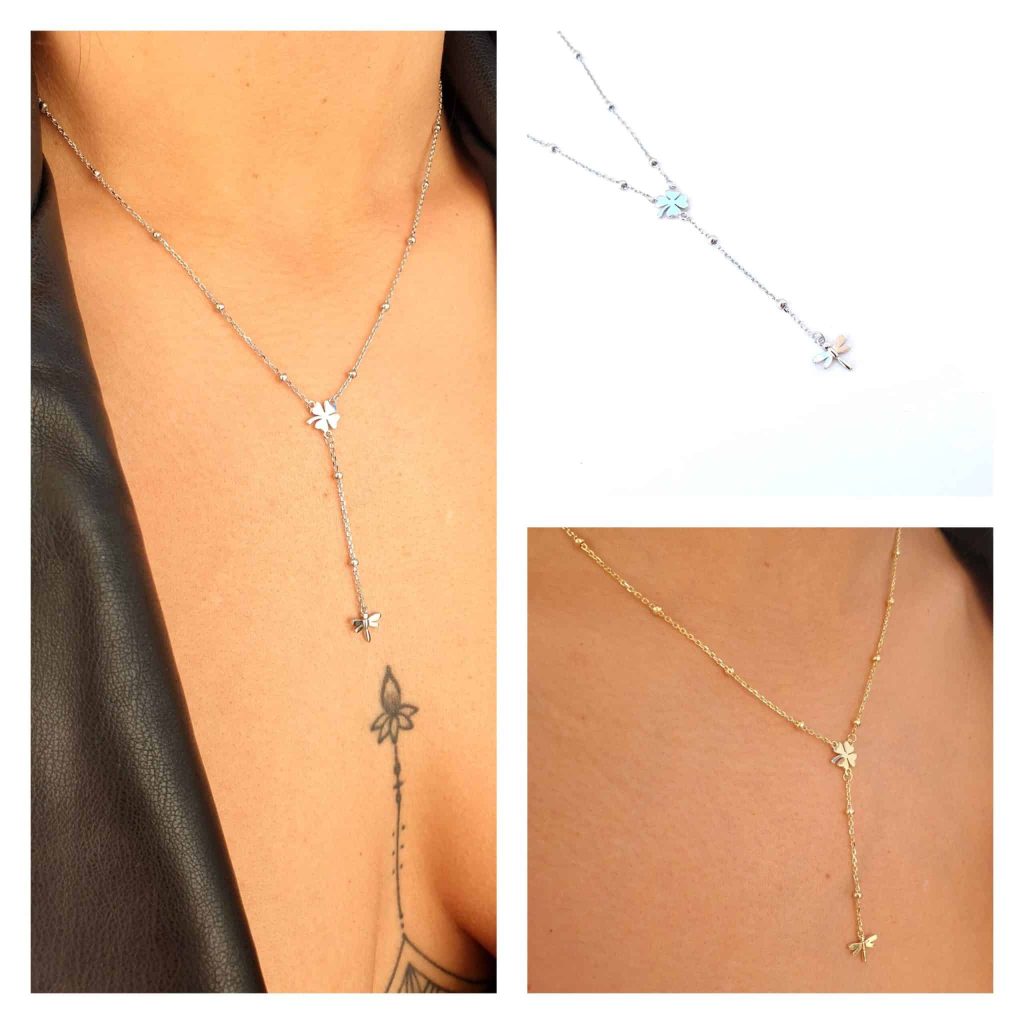 Collar «Y» trébol y libélula de plata de ley