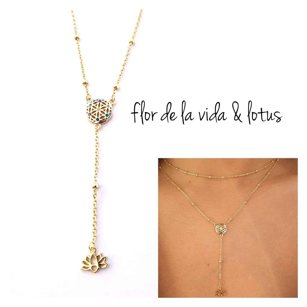 Collar «Y» flor de la vida y flor de lotto oro de plata de ley