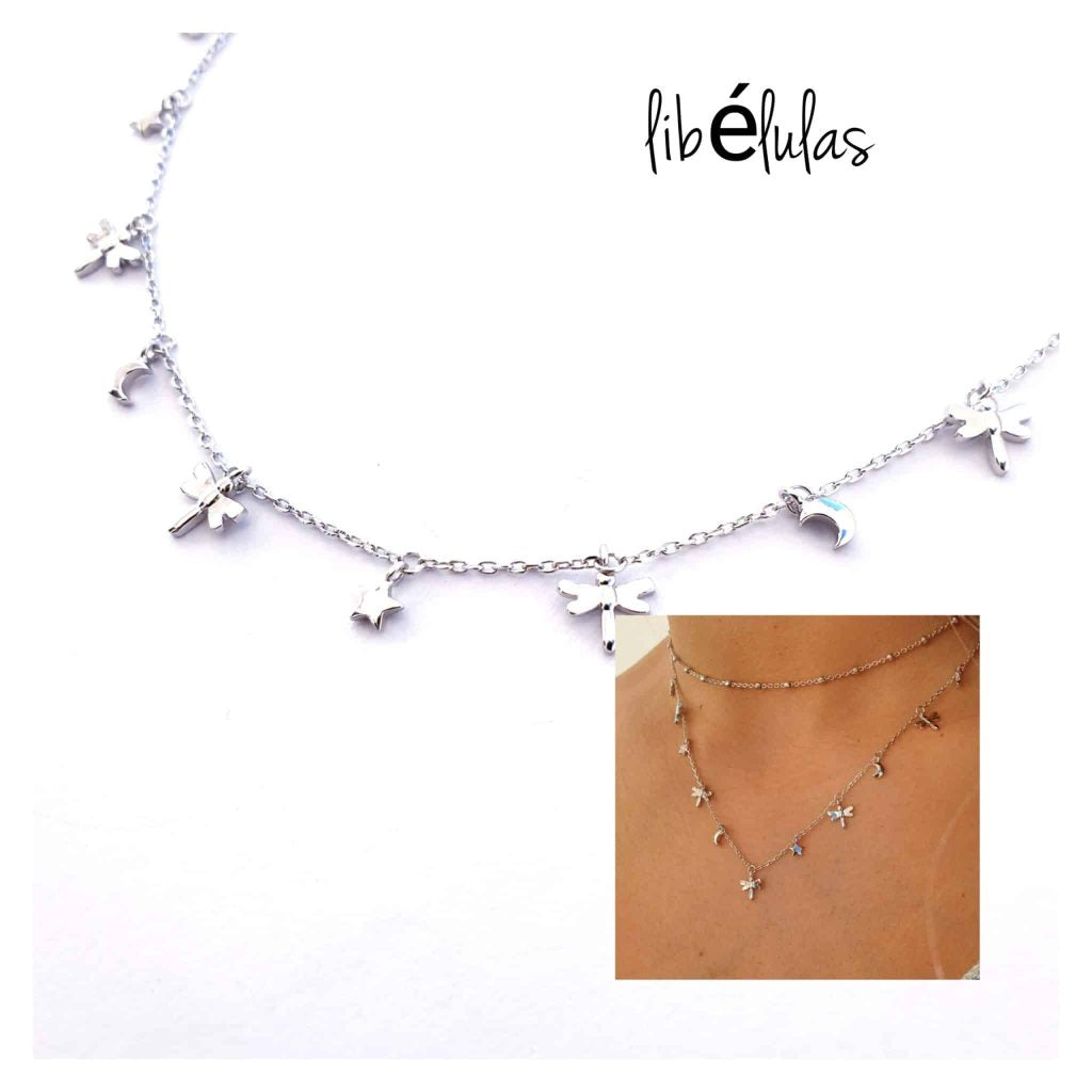 Collar libélulas, estrellas y lunas de plata de ley