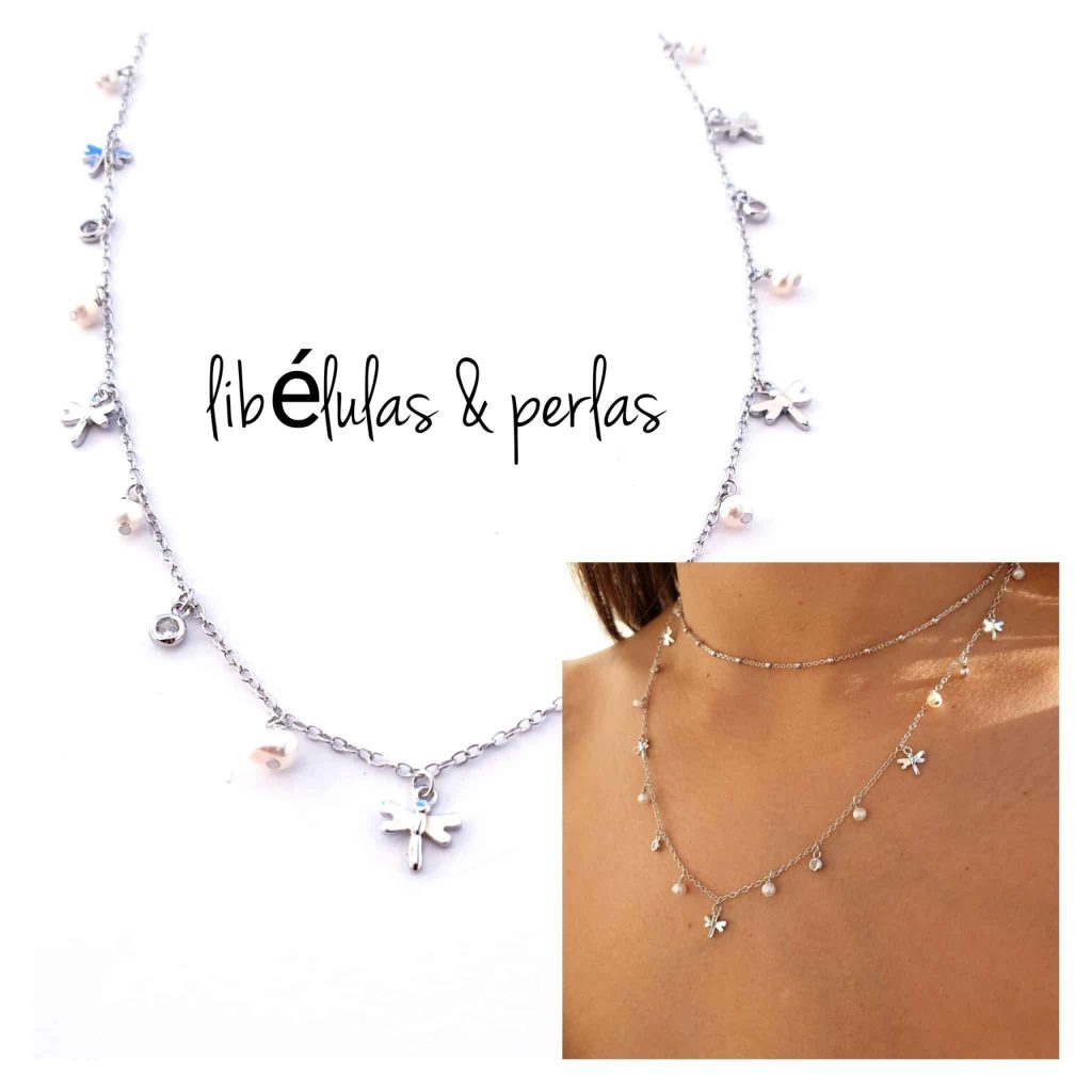Collar libélulas, circonitas y perlas de plata de ley
