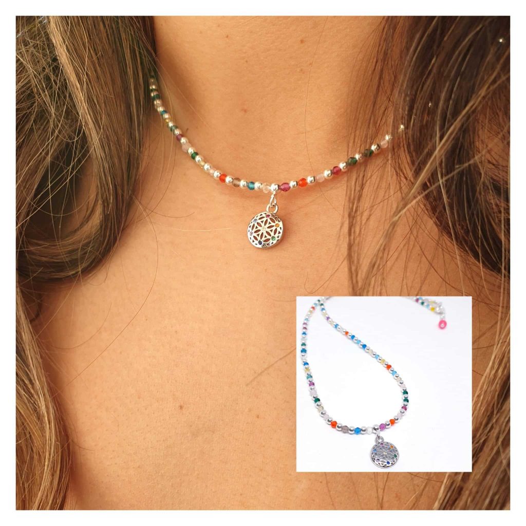 Collar flor de la vida colorfull de plata de ley