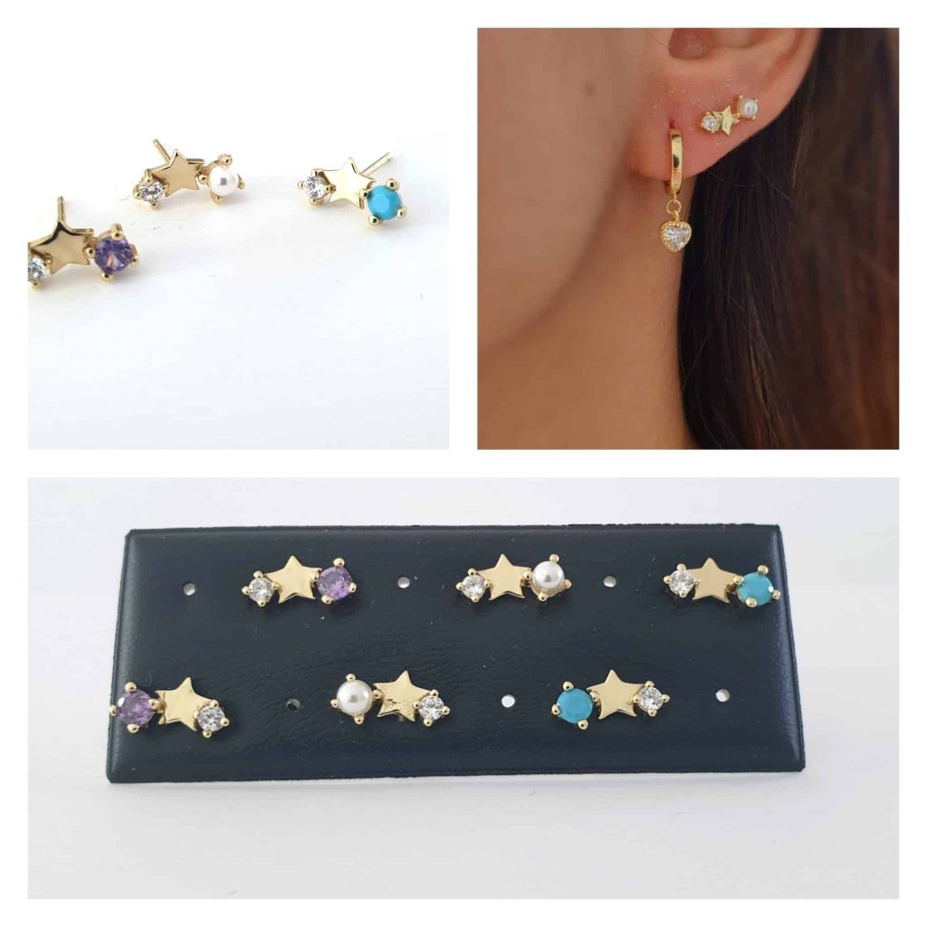 Pendientes piedra, perla y estrella oro de plata de ley