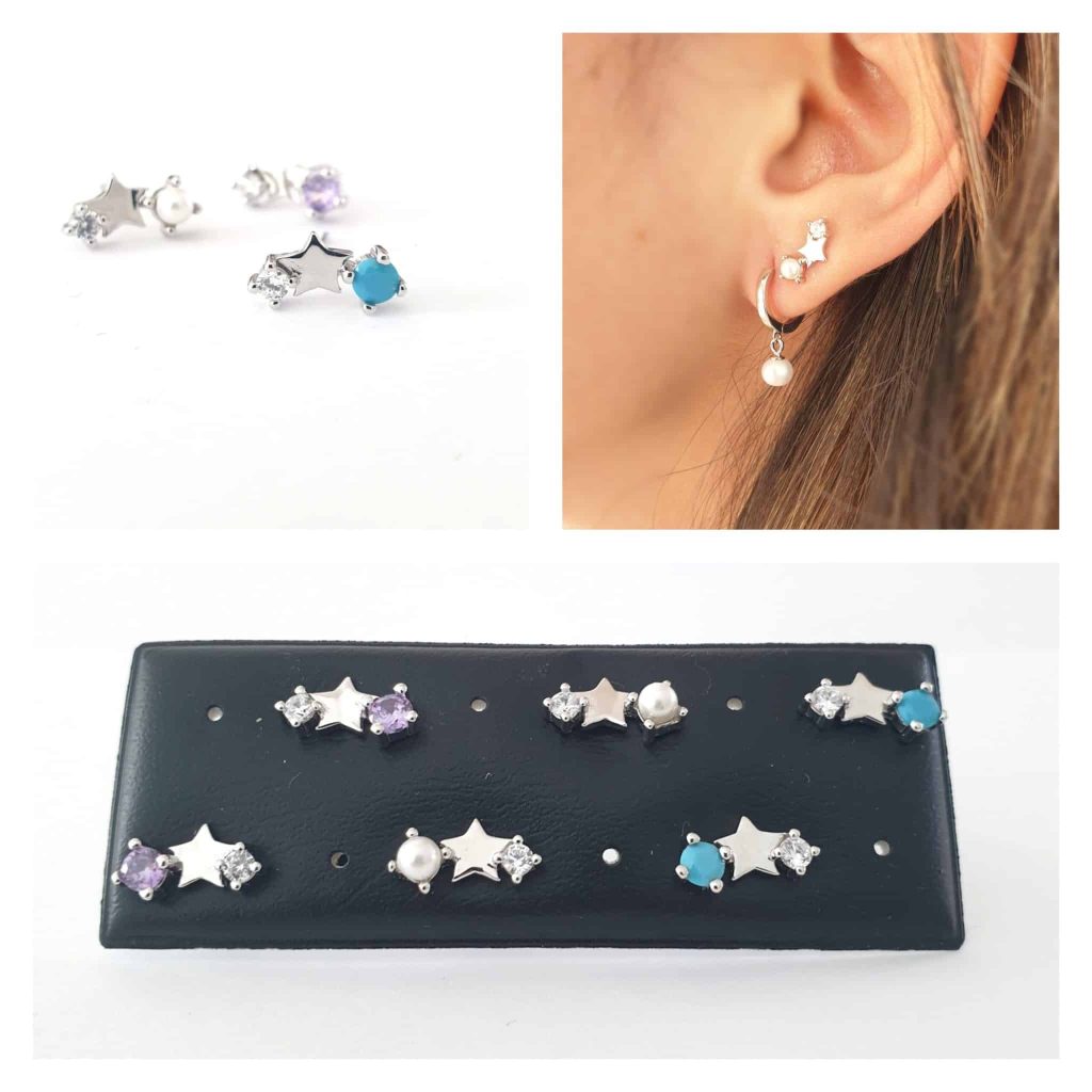 Pendientes piedra, perla y estrella de plata de ley