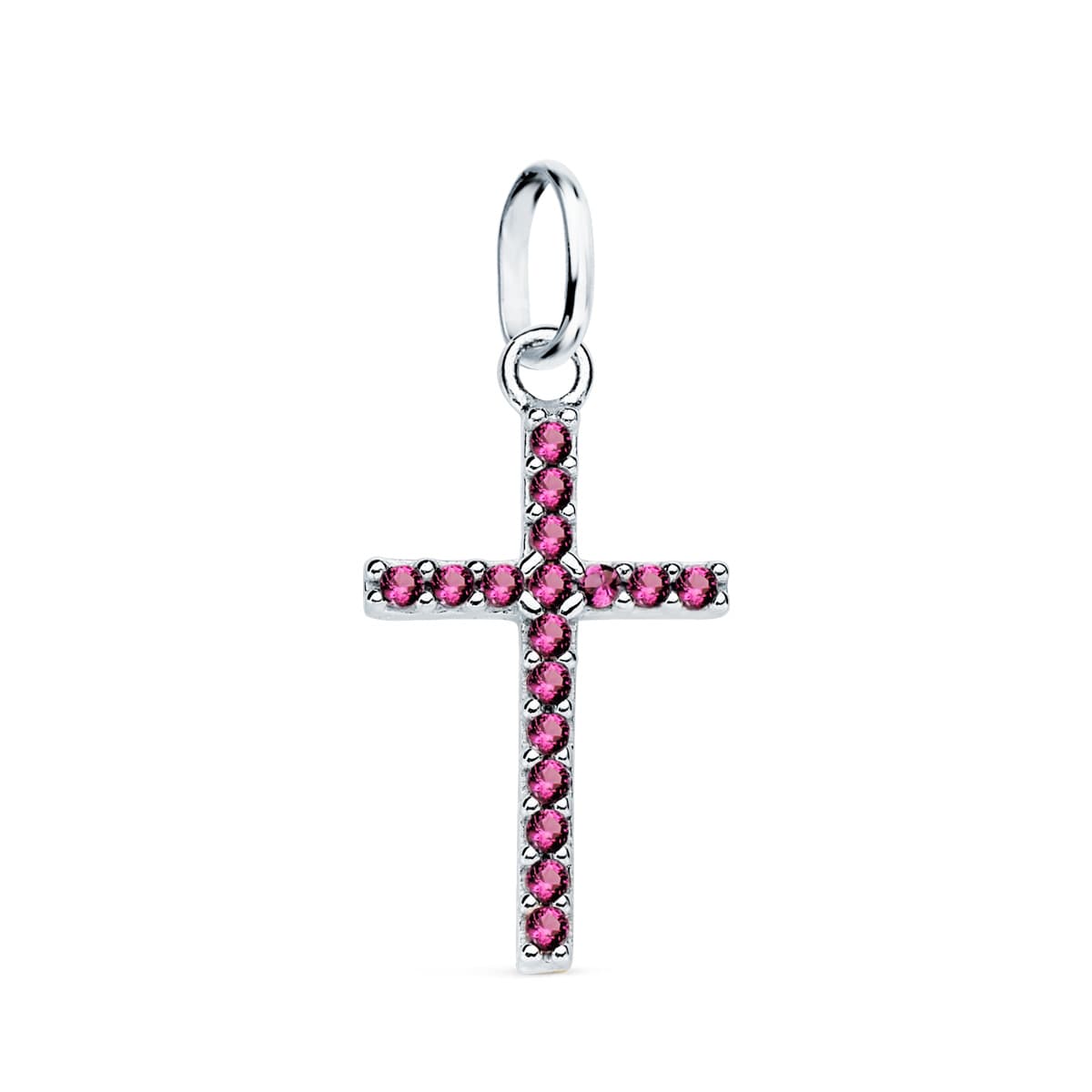 Cruz con Circonita Amatistas. 16 x 10 mm de oro blanco 18K