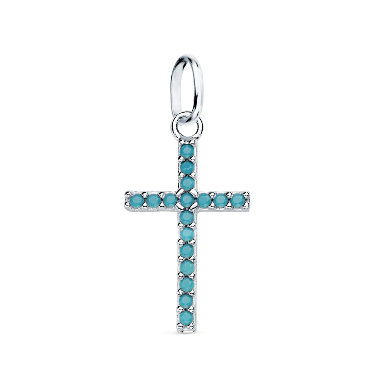 Cruz con Piedras Turquesas. 16 x 10 mm de oro blanco 18K