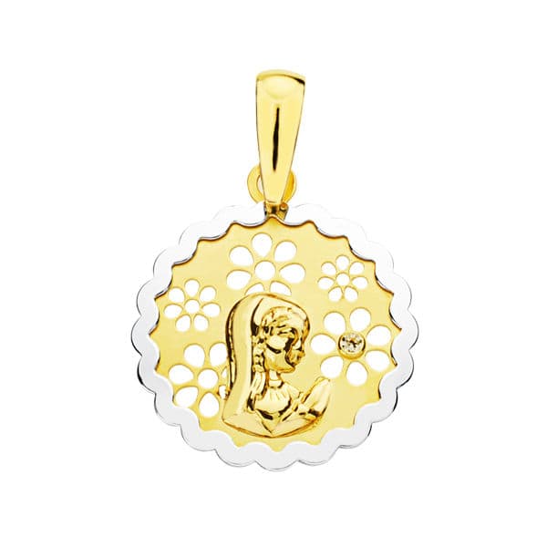 18K MEDALLA ORO BICOLOR VIRGEN NIÑA CIRCONITA 15 MM