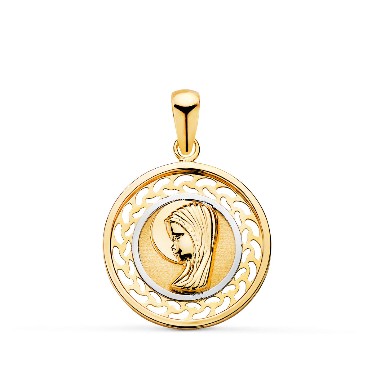 Medalla Bicolor Virgen Niña Redonda Cerco Calado. Medida: 17 mm 18K