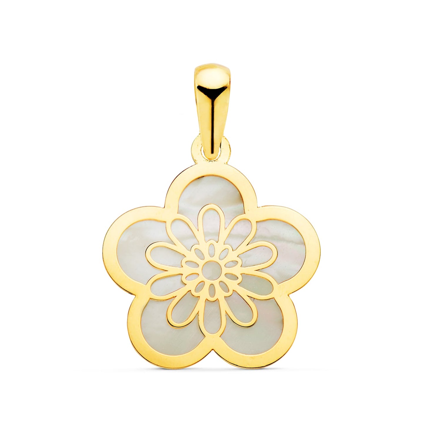 18K COLGANTE ORO AMARILLO FLOR CON NACAR 17 X 17 MM