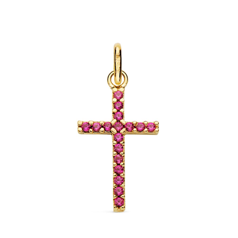 Cruz con Circonitas Rojas. Medida: 18 x 10 mm de oro amarillo 18K