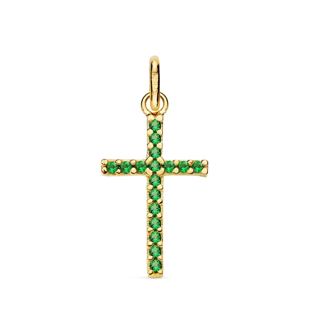 18K CRUZ ORO AMARILLO CON CIRCONITAS VERDES. MEDIDA: 18X10 MM