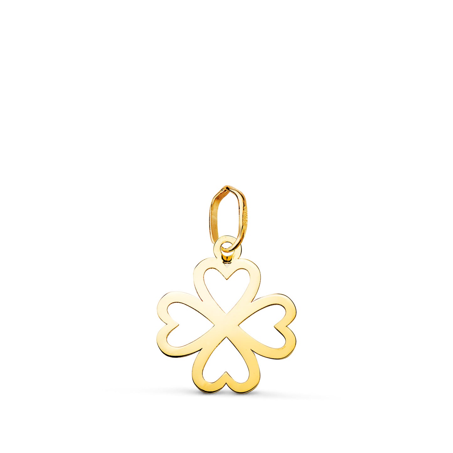 Colgante Amuleto Trebol Calado en Brillo. Medida: 14 x 12 mm de oro amarillo 18K