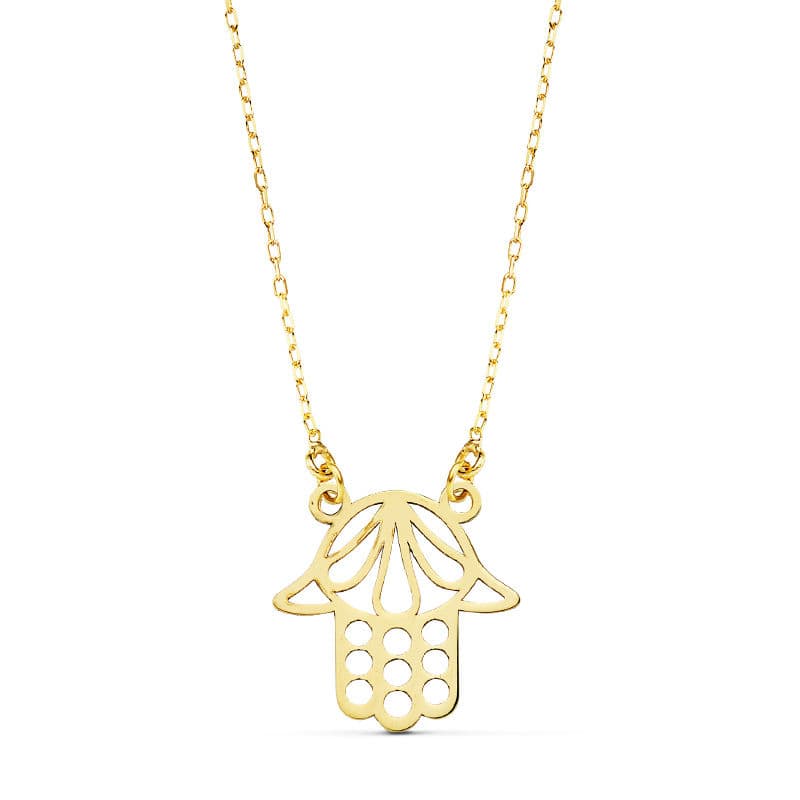 18K COLLAR ORO AMARILLO AMULETO MANO DE FATIMA 45CM 14X14 MM