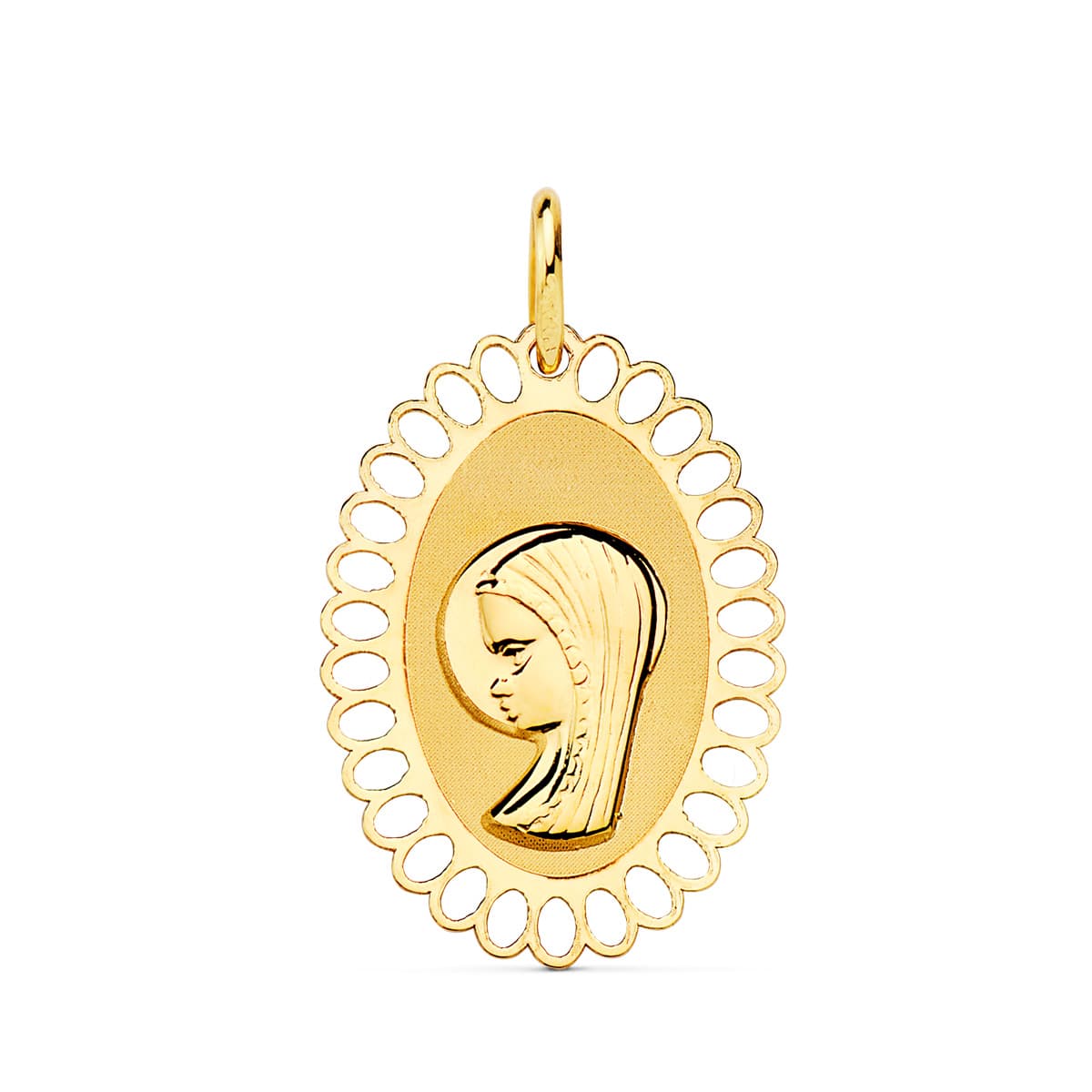 Medalla Virgen Niña Cerco Oval Calado 21 x 16 mm de oro amarillo 18K