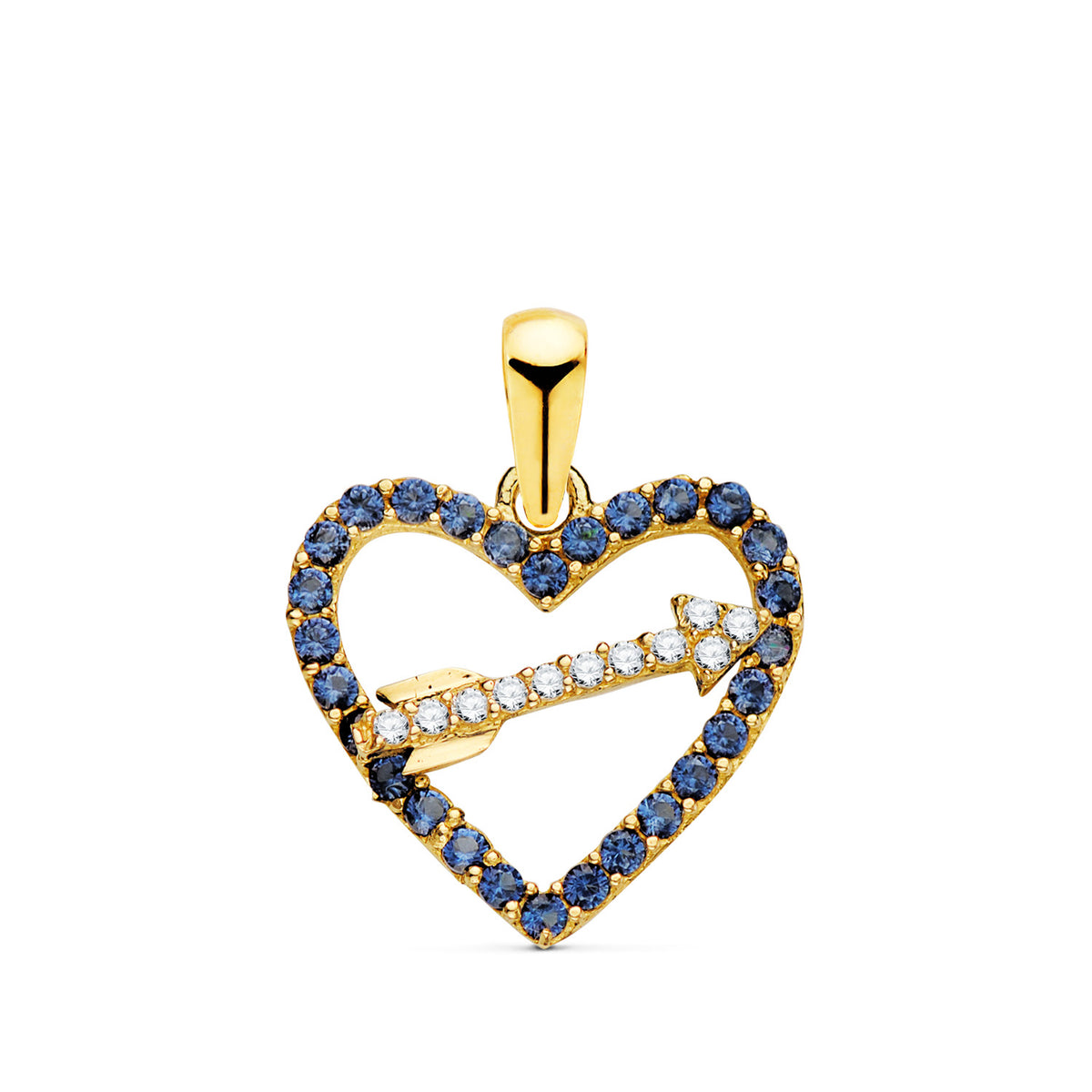 Colgante Corazon con Circonita Azules y Flecha 15 x 14 mm C. Amor de oro amarillo 18K
