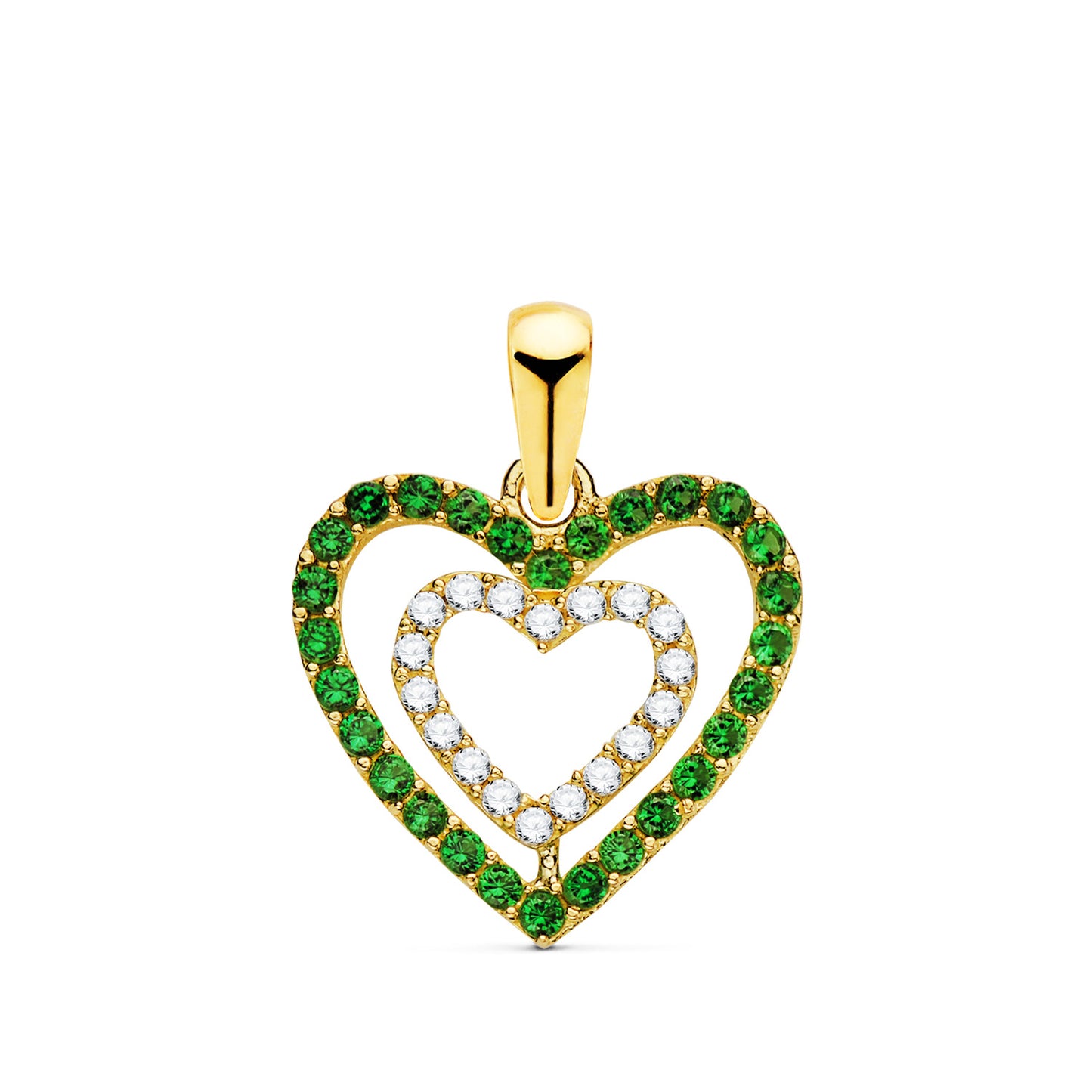Colgante Corazones con Circonita Verdes y Blancas 15 x 14 mm de oro amarillo 18K