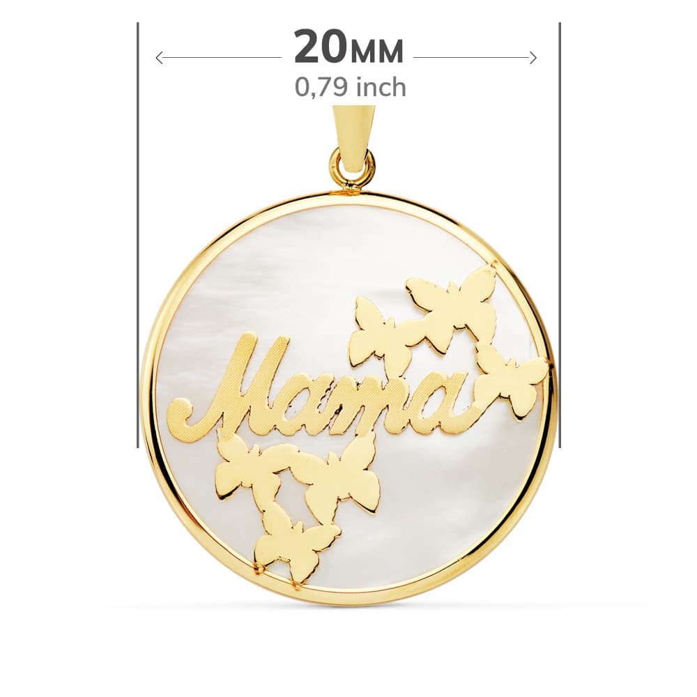 18K COLGANTE ORO AMARILLO MAMA NACAR MARIPOSAS 20 MM