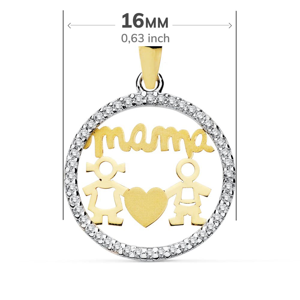 18K COLGANTE BICOLOR MAMA NIÑO Y NIÑA CIRCONITA 16 MM