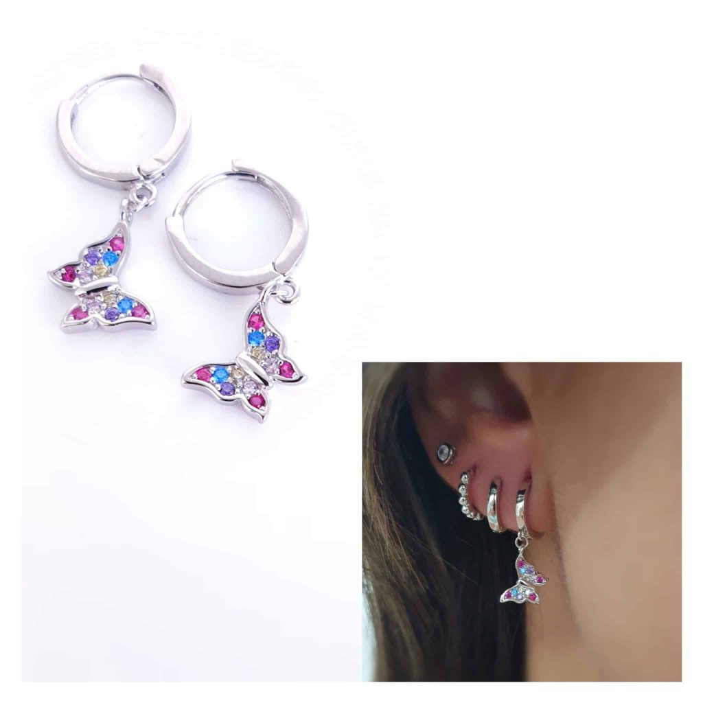 Pendientes mariposa multicolor de plata de ley