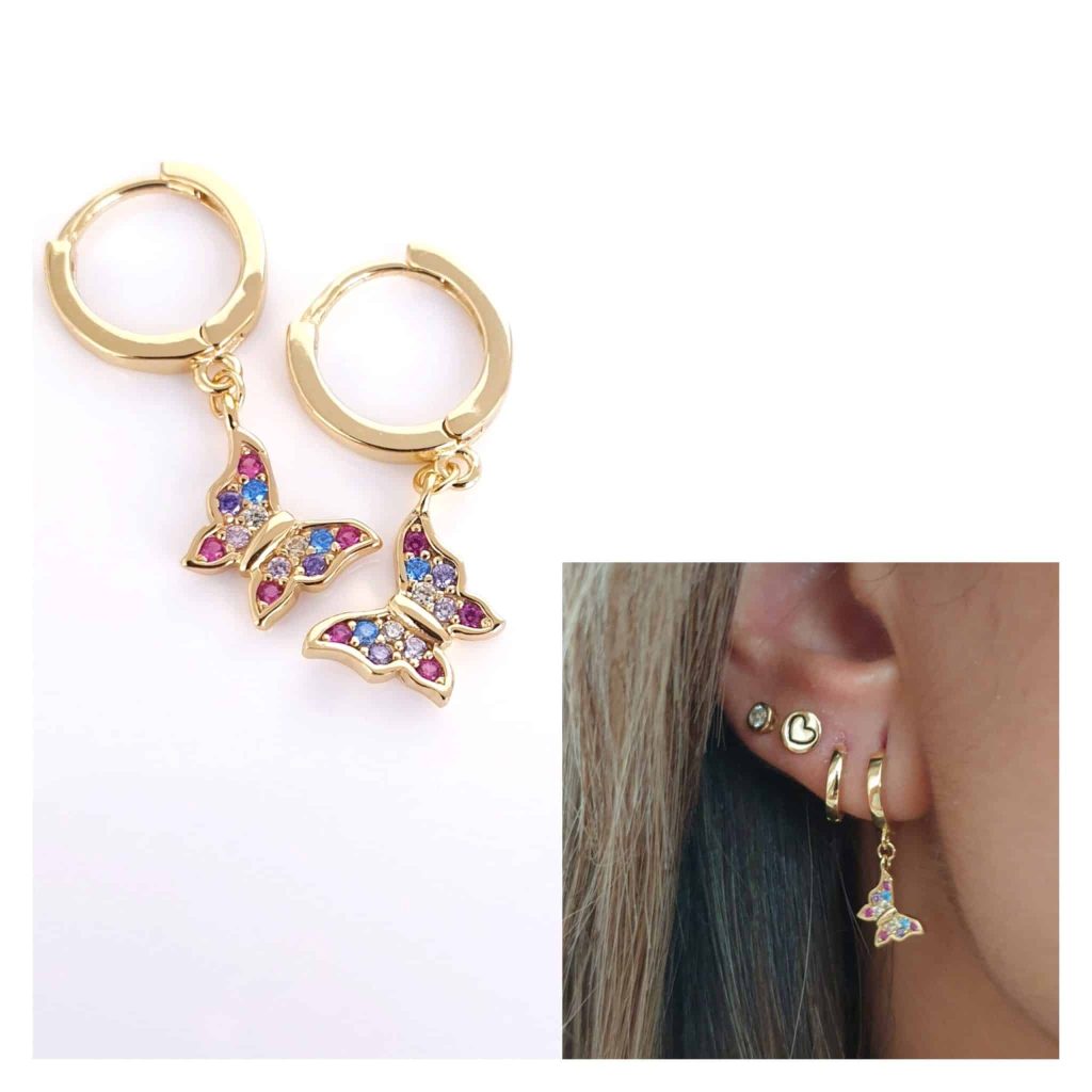 Pendientes mariposa oro multicolor de 14 quilates