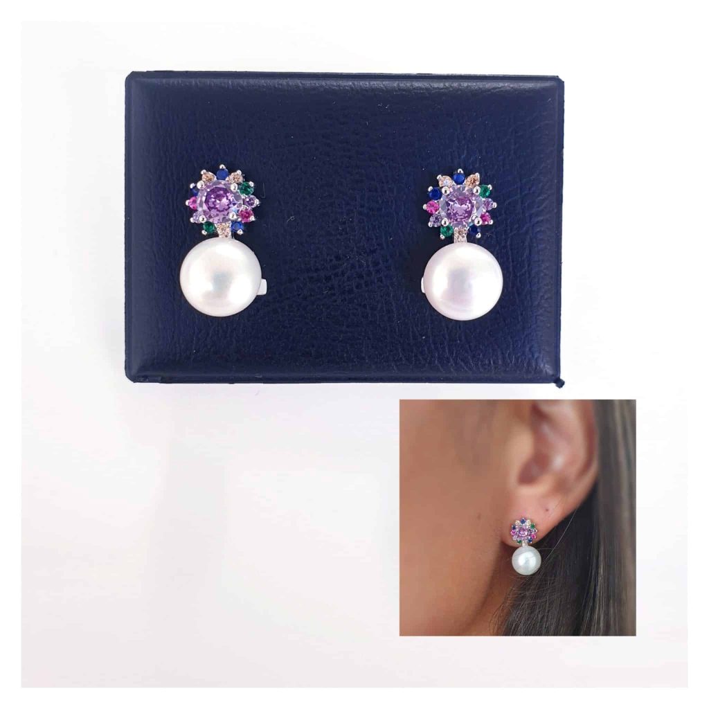 Pendiente omega flor violeta de plata de ley