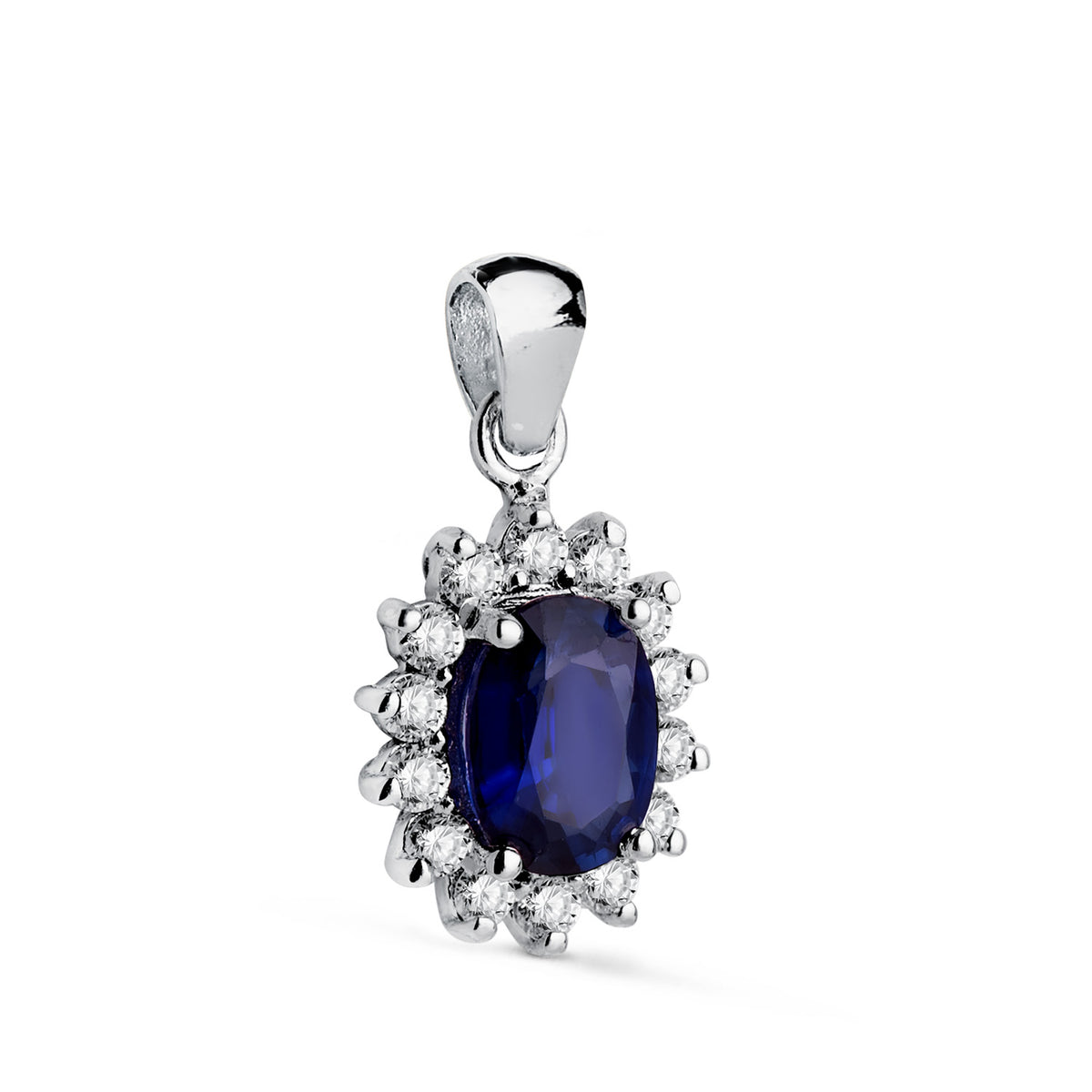Colgante Zafiro Difusion 7 x 5 mm 0,98 Qt. 12 Diamantes Laboratorio 0,35 Qts. Vs2-g. 11,5 x 9,5 mm de oro blanco 18K