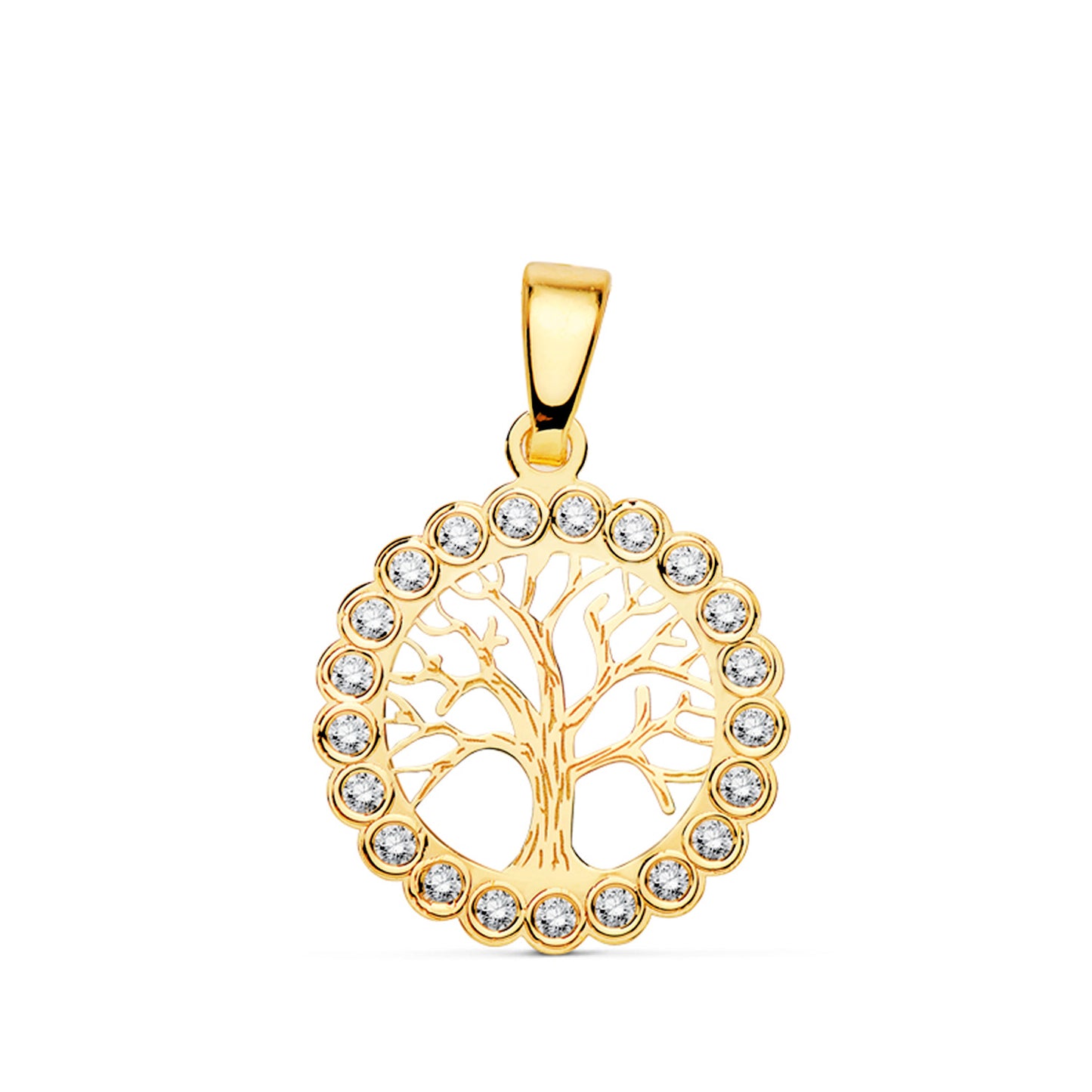 18K COLGANTE AMULETO ORO AMARILLO ARBOL DE LA VIDA CIRCONITA 15 MM
