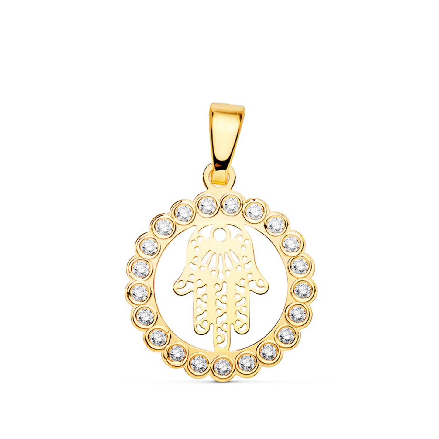 18K COLGANTE ORO AMARILLO MANO DE FATIMA CIRCONITA 15 MM