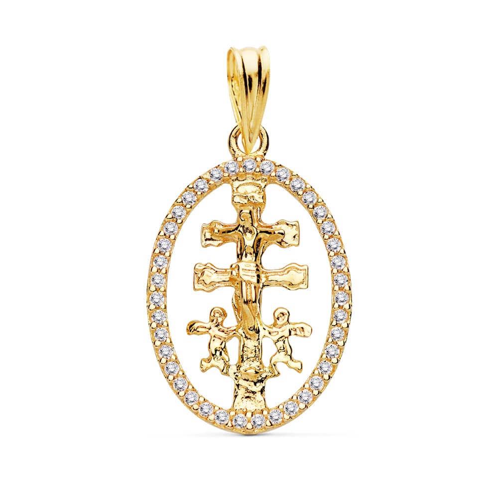 18K COLGANTE ORO AMARILLO CRUZ CARAVACA ORLA 18X13 MM