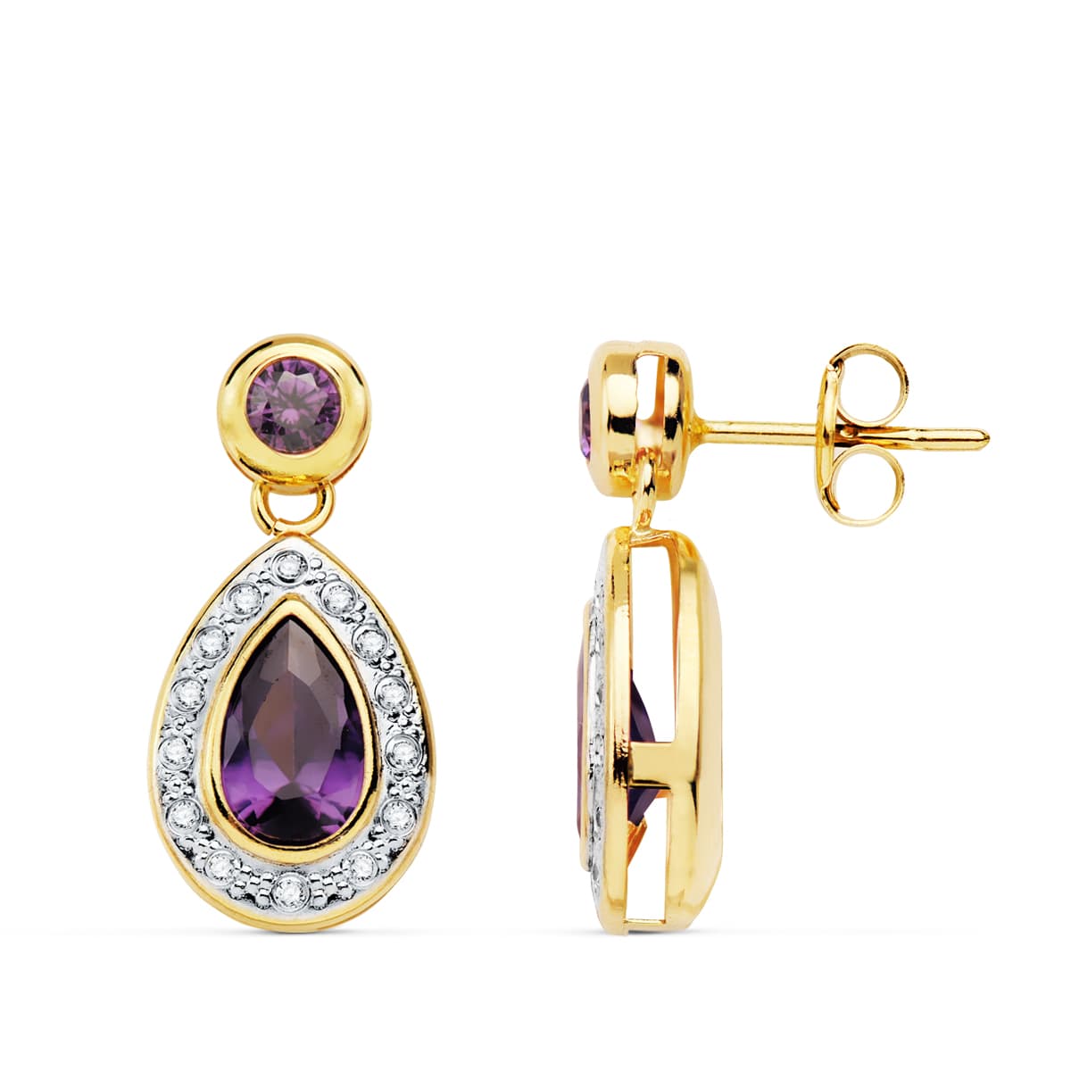 Pendientes Bicolor Piedras Amatista 19 x 9 mm 18K