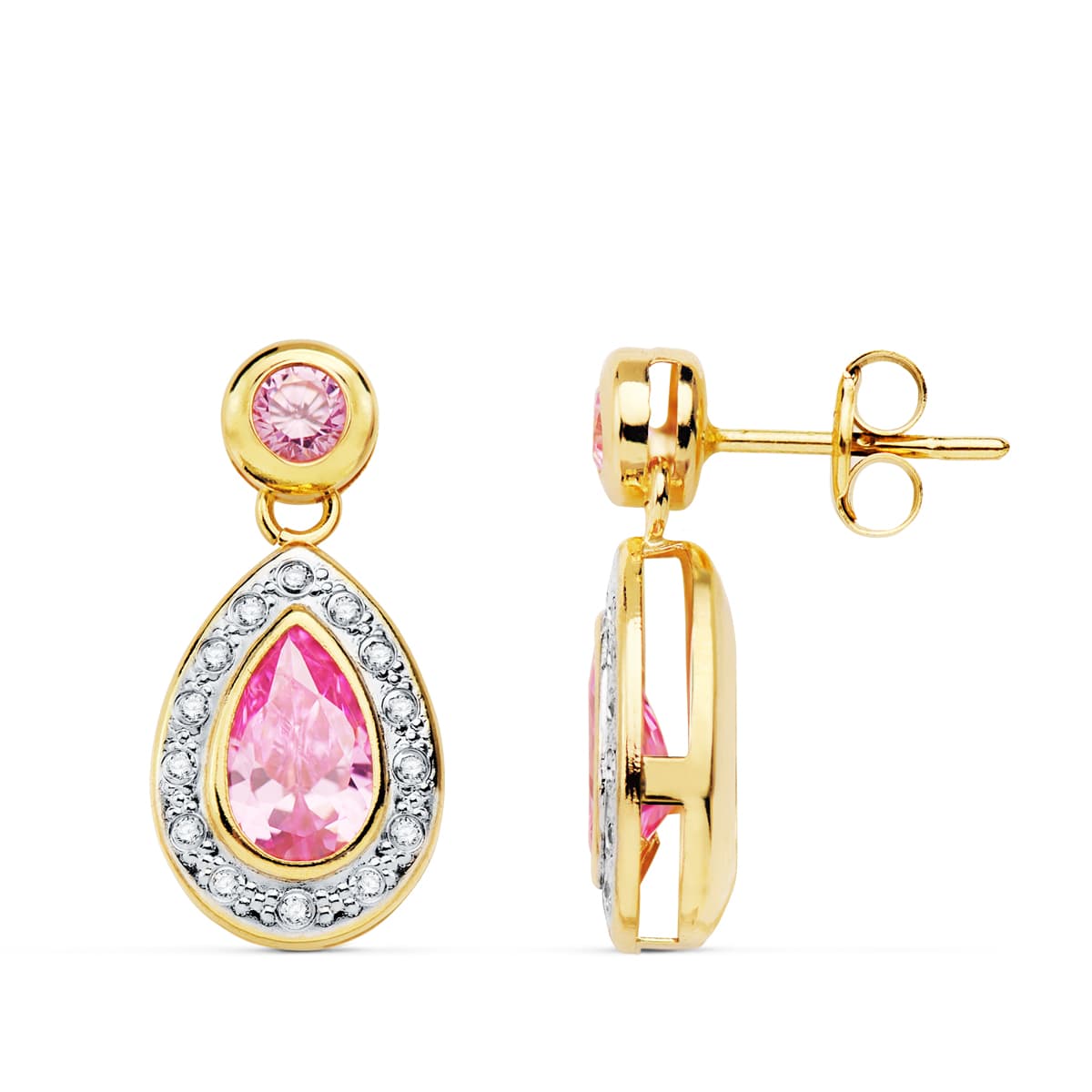 Pendientes Bicolor Piedras Rosas. 19 x 9 mm 18K