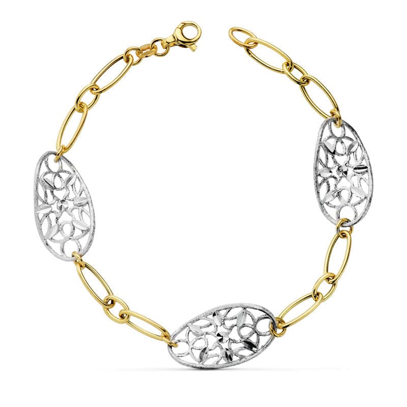 Pulsera Bicolor Hojitas 19 cm 18K