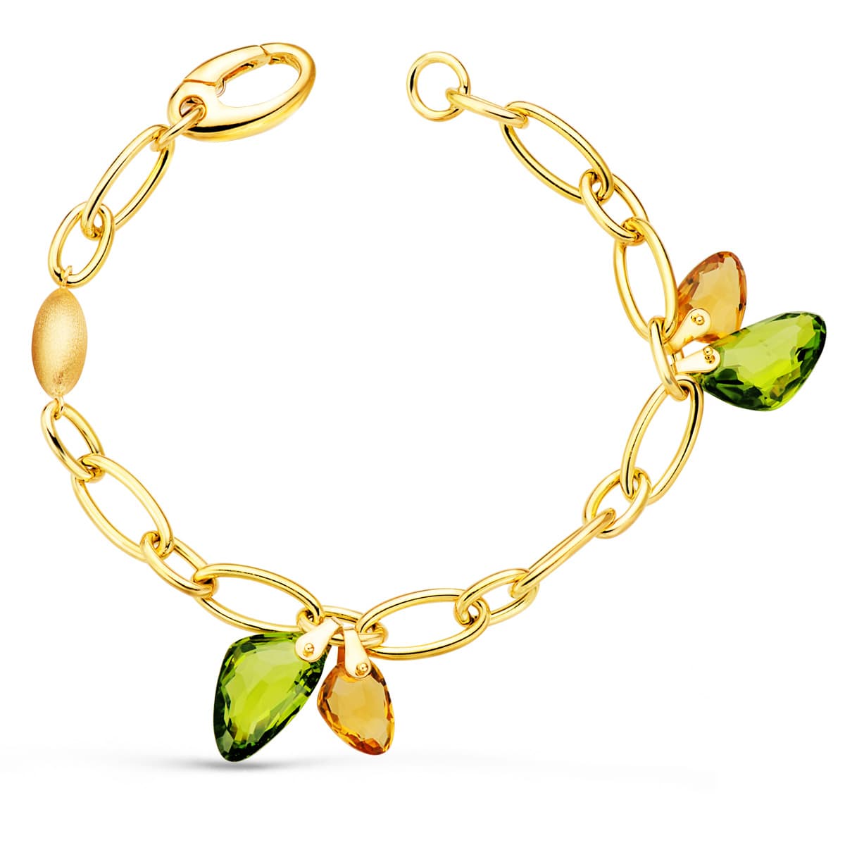 Pulsera Eslabones Brillo y Piedras Colores. Ancho 7 mm 20 cm de oro amarillo 18K