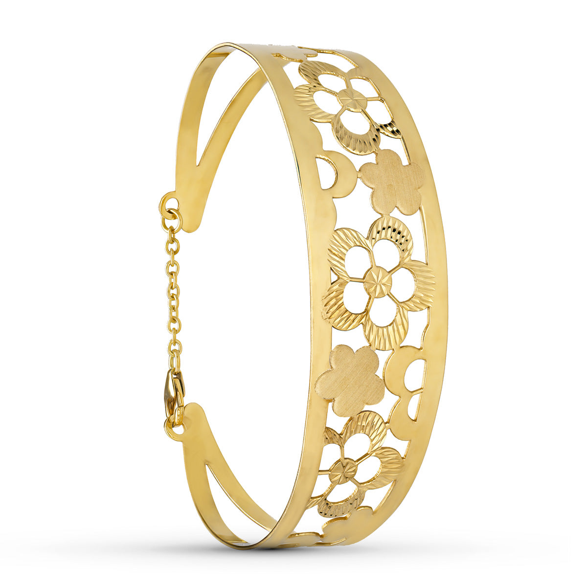 Pulsera Rigida Flores Medida Interior 65 x 55 mm Ancho Total 20 mm de oro amarillo 18K