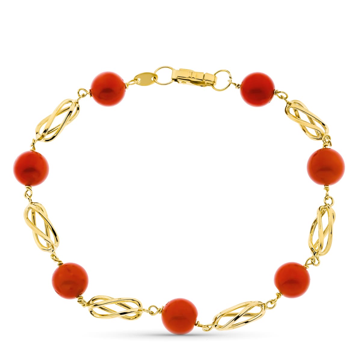 Pulsera Jaula y Coral Fino Japones 8 mm de oro amarillo 18K